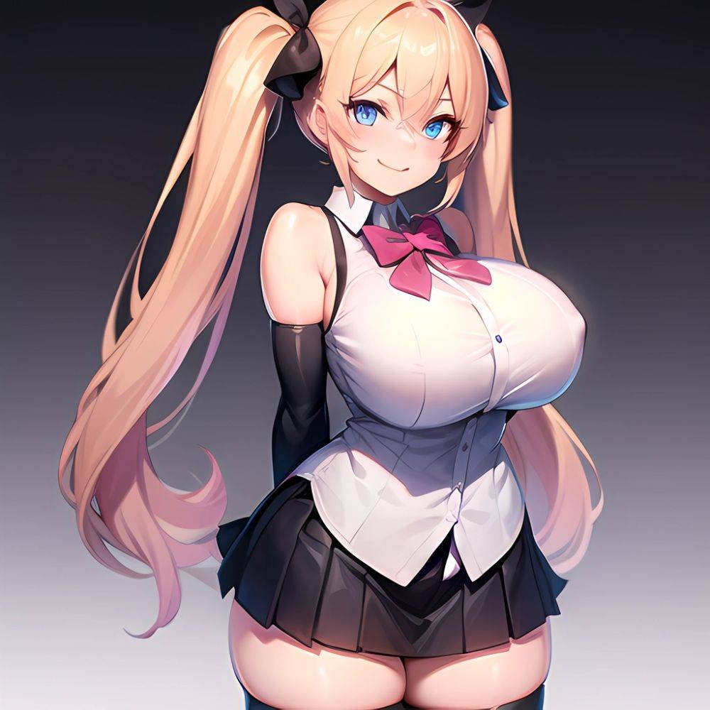 1girl Aymusk Belt Black Skirt Blonde Hair Blue Eyes Blush Bow Bowtie Breasts Curvy Elbow Gloves Fang Gloves Gradient Background, 2219334077 - AIHentai - #main