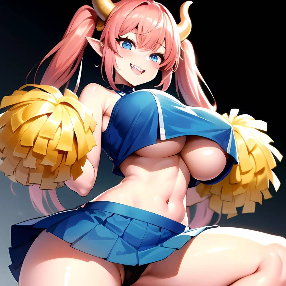 1girl Absurdres Blue Skirt Bluefrok Breasts Cheerleader Dragon Girl Dragon Horns Highres Holding Holding Pom Poms Horns Huge Bre, 1184006613 - AIHentai - #main