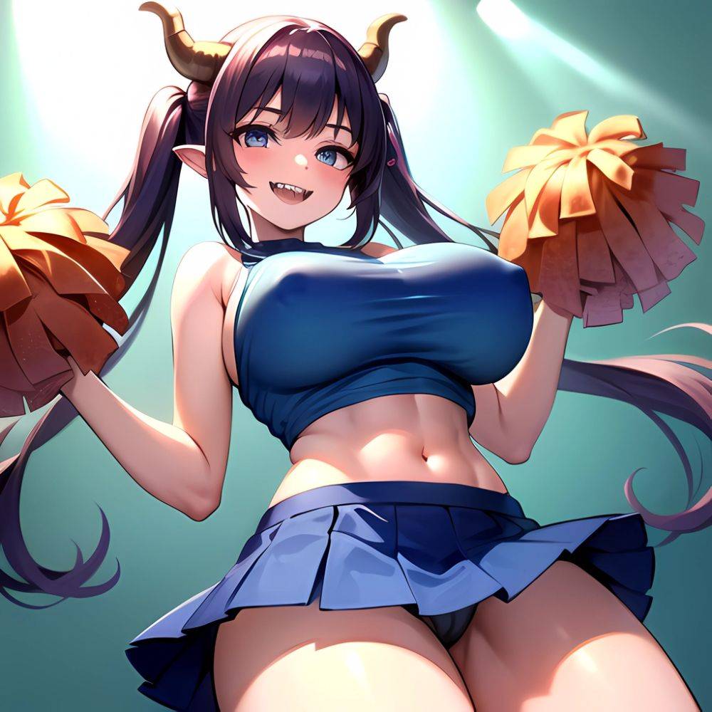1girl Absurdres Blue Skirt Bluefrok Breasts Cheerleader Dragon Girl Dragon Horns Highres Holding Holding Pom Poms Horns Huge Bre, 2297757845 - AIHentai - #main