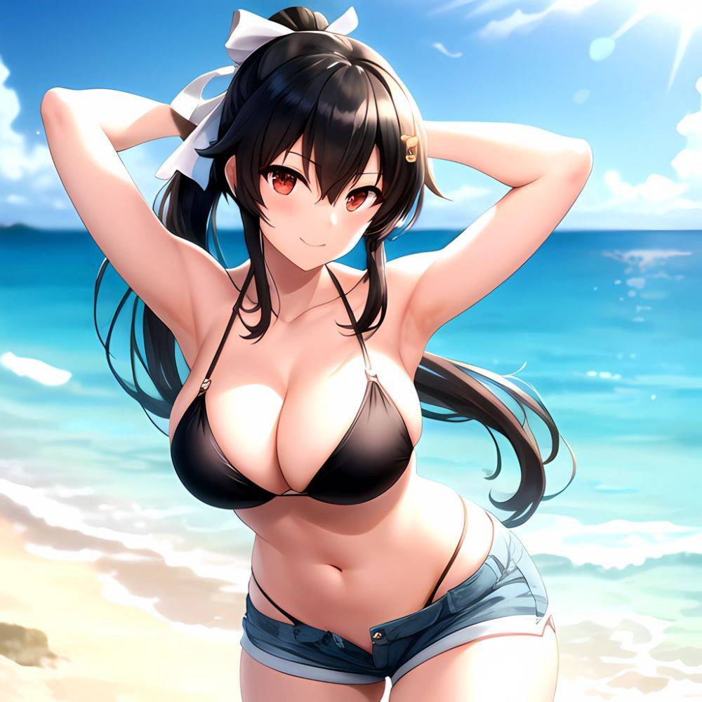 1girl Arms Behind Head Armpits Beach Bikini Bikini Under Shorts Black Bikini Black Hair Blurry Blurry Background Breasts Cleavag, 3398145019 - AIHentai - #main