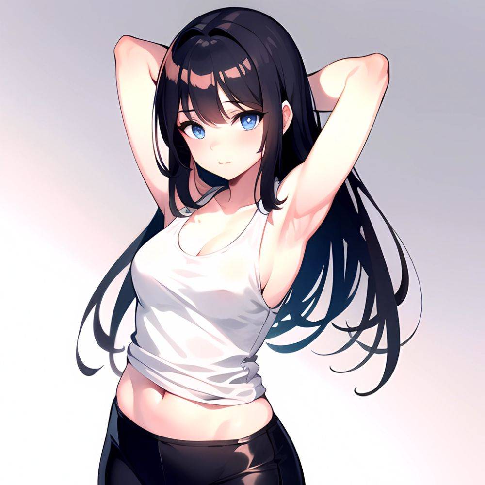 1girl Solo Tank Top Leggings Blue Eyes Standing Fully Clothed Pov Simple Background Arms Behind Head, 3373669996 - AIHentai - #main