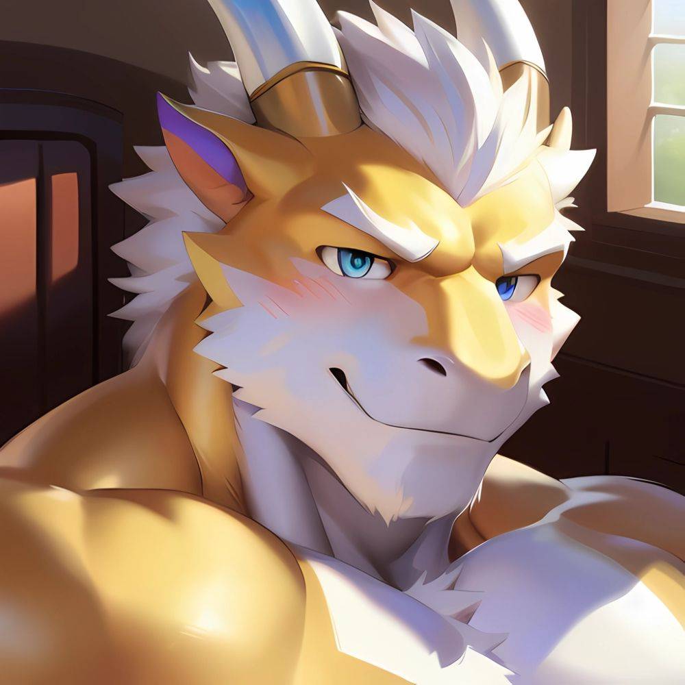 Male Anthro Muscle Kemono Dragon Penis Yellow Body Furry Blush White Mane Horns Chunie Meesh Kiyosan Sigma X Bara Detailed, 1996854819 - AIHentai - #main