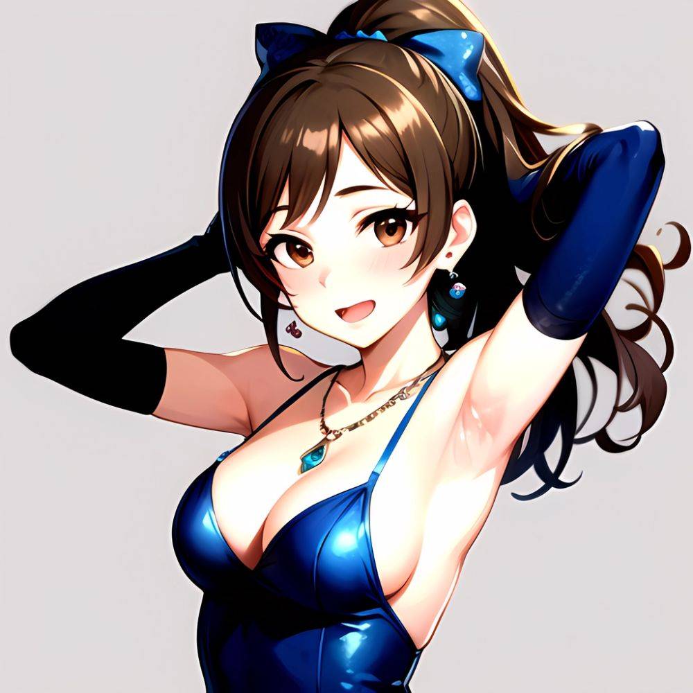 1girl Absurdres Armpits Arms Up Ayase Honoka Black Gloves Blue Bow Blue Dress Blush Bow Breasts Brown Eyes Brown Hair, 2114190696 - AIHentai - #main