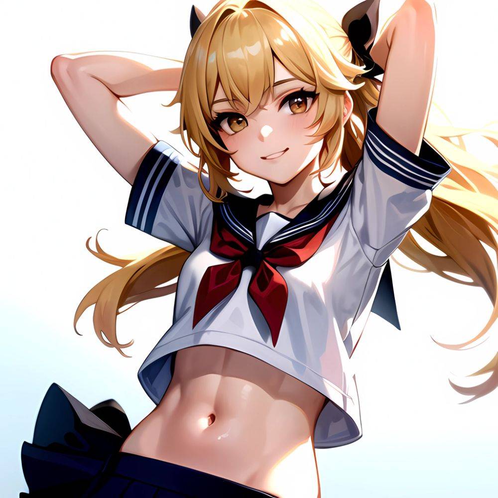 1girl Arms Up Arms Behind Head Blonde Hair Blue Skirt Bow Crop Top Crop Top Overhang Genshin Impact Gradient Background, 3751895695 - AIHentai - #main