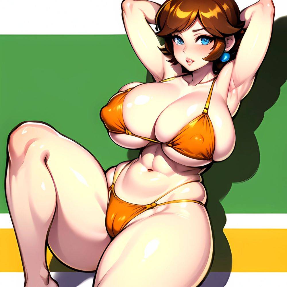 1girl Areola Slip Armpits Arms Behind Head Bikini Blue Eyes Blush Breasts Brown Hair Cleavage Huge Breasts Legs Mario Series, 4141778474 - AIHentai - #main