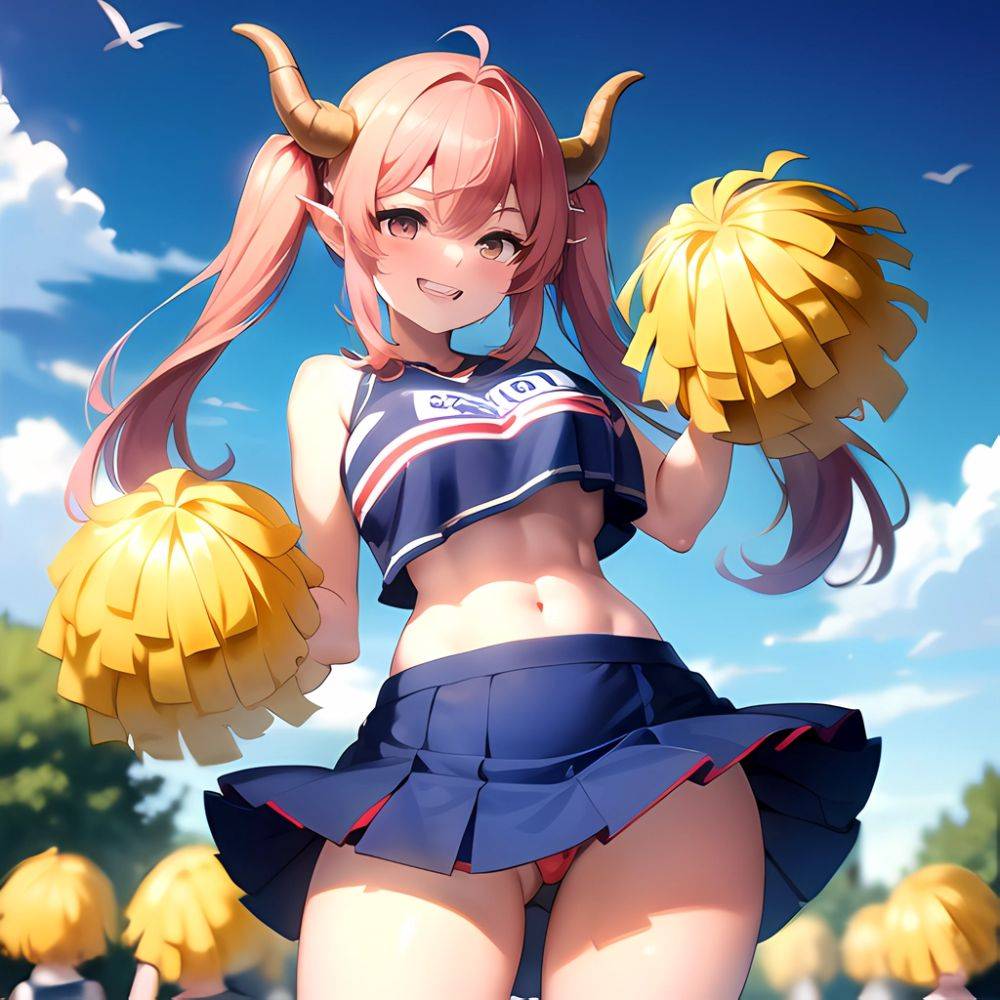 1girl Absurdres Blue Skirt Bluefrok Breasts Cheerleader Dragon Girl Dragon Horns Highres Holding Holding Pom Poms Horns Huge Bre, 2675951540 - AIHentai - #main