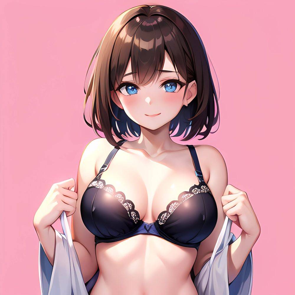 1girl Ai Generated Blue Eyes Blush Breasts Brown Hair Highres Large Breasts Light Smile Looking At Viewer Pink Background Short, 2671422224 - AIHentai - #main