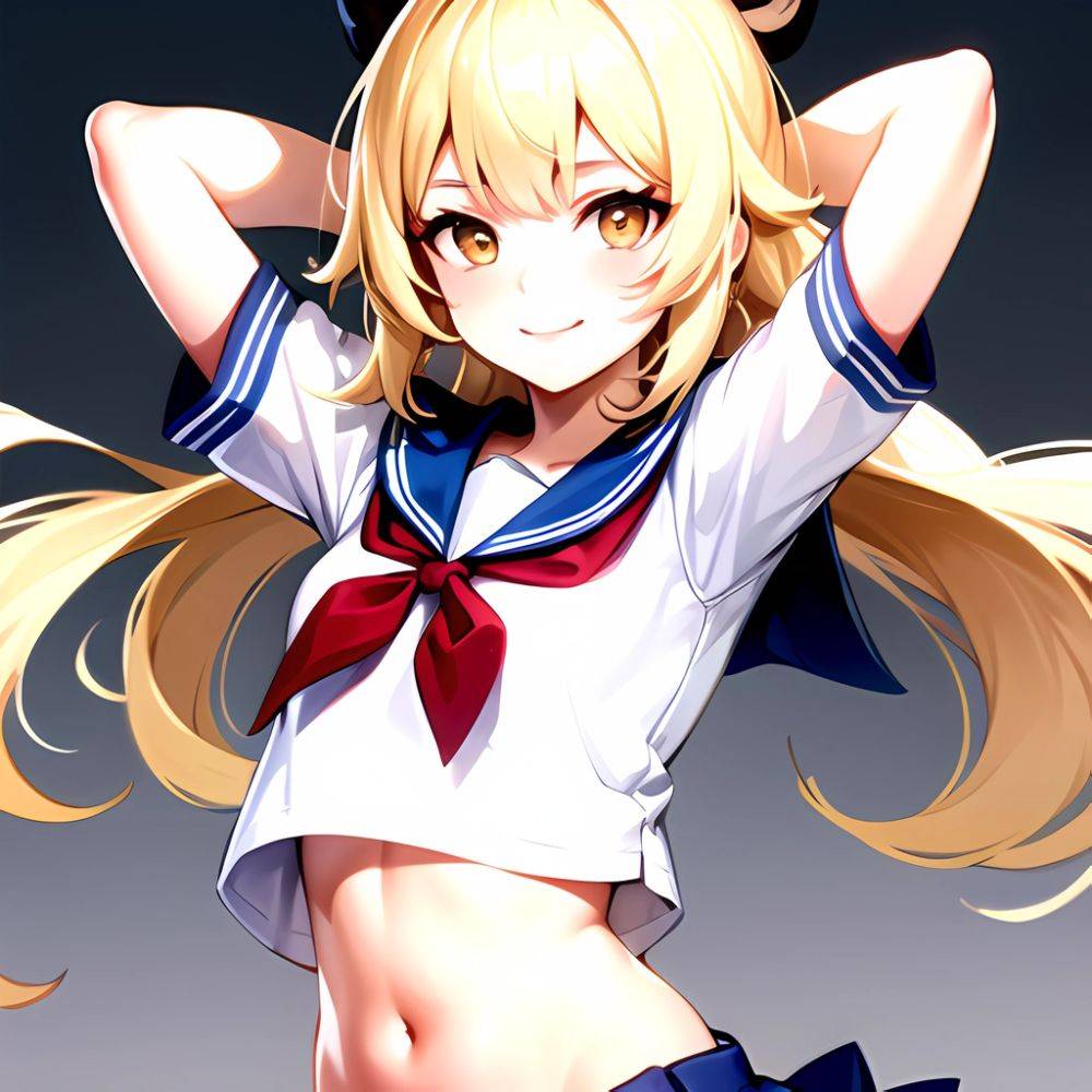 1girl Arms Up Arms Behind Head Blonde Hair Blue Skirt Bow Crop Top Crop Top Overhang Genshin Impact Gradient Background, 2681675976 - AIHentai - #main