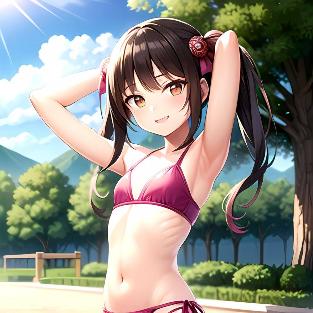 1girl Armpits Arms Behind Head Bikini Brown Eyes Brown Hair Cowboy Shot Dot Nose Flat Chest From Side Hair Ornament, 4208359857 - AIHentai - #main