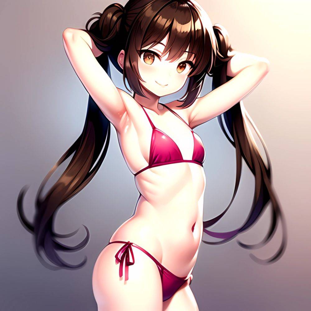 1girl Armpits Arms Behind Head Bikini Brown Eyes Brown Hair Cowboy Shot Dot Nose Flat Chest From Side Hair Ornament, 2353337945 - AIHentai - #main