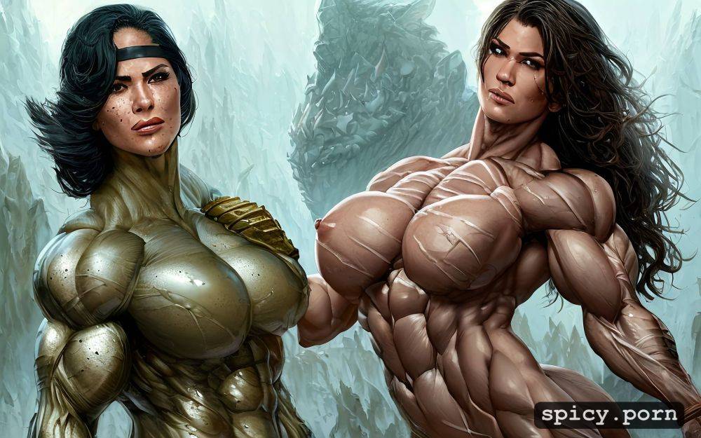 peril, nude muscle woman protecting weak princess, amazon warrioress - #main