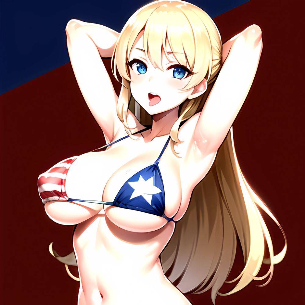 1girl American Flag Bikini Armpits Arms Behind Head Bikini Blonde Hair Blue Eyes Blush Breasts Covered Erect Nipples Flag Print, 3093917012 - AIHentai - #main