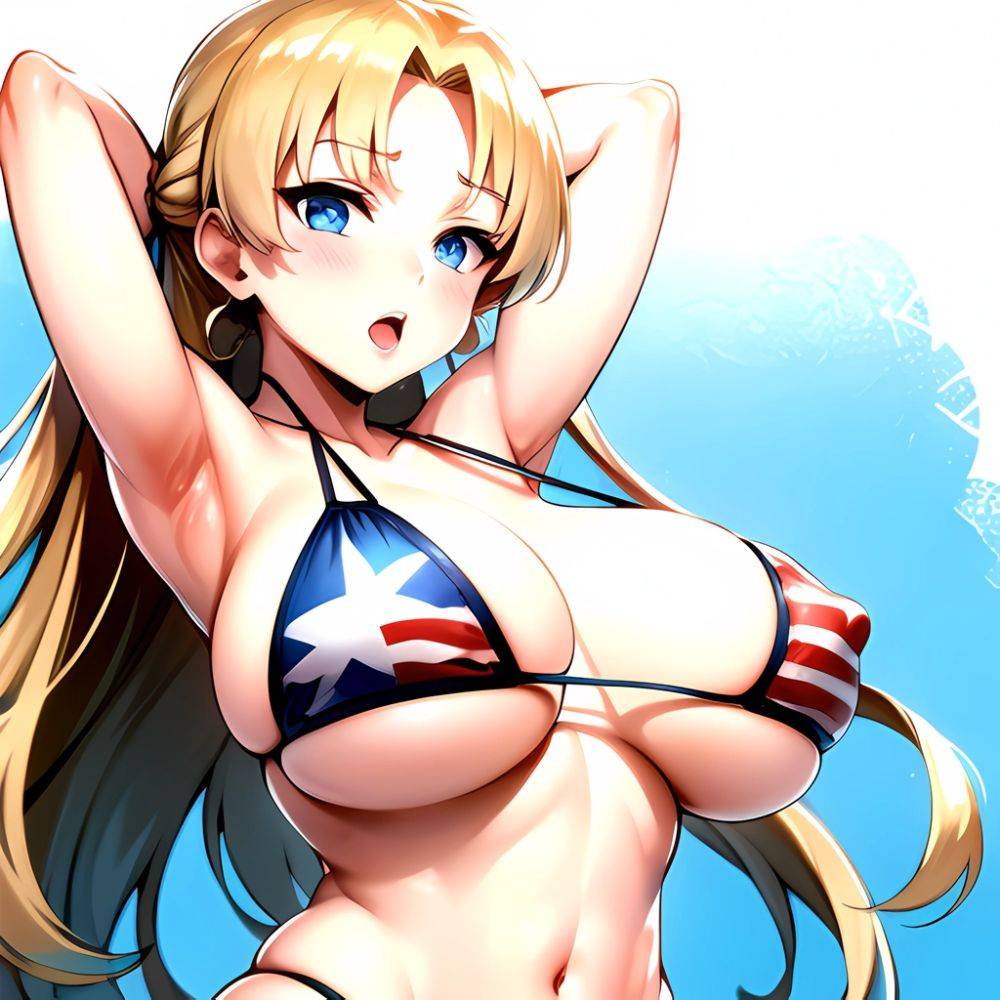 1girl American Flag Bikini Armpits Arms Behind Head Bikini Blonde Hair Blue Eyes Blush Breasts Covered Erect Nipples Flag Print, 565642740 - AIHentai - #main