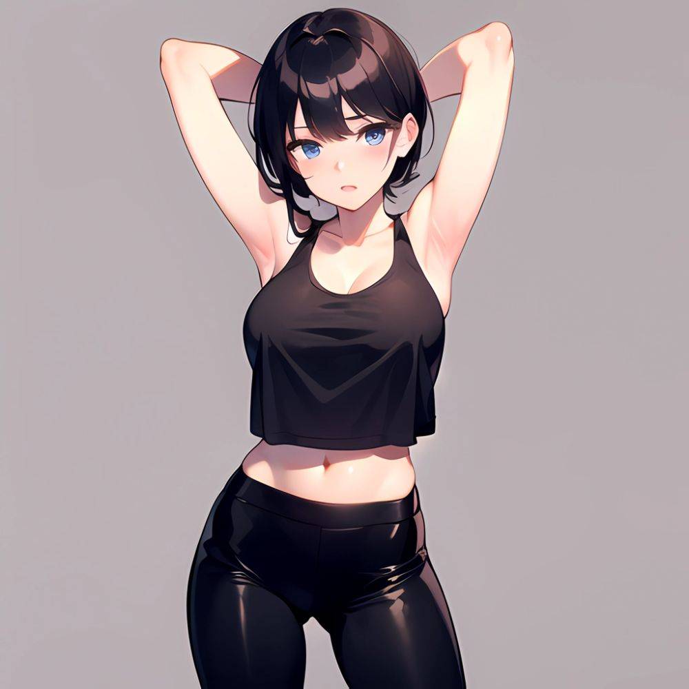 1girl Solo Tank Top Leggings Blue Eyes Standing Fully Clothed Pov Simple Background Arms Behind Head, 172771932 - AIHentai - #main