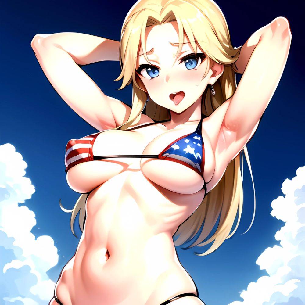 1girl American Flag Bikini Armpits Arms Behind Head Bikini Blonde Hair Blue Eyes Blush Breasts Covered Erect Nipples Flag Print, 938694770 - AIHentai - #main