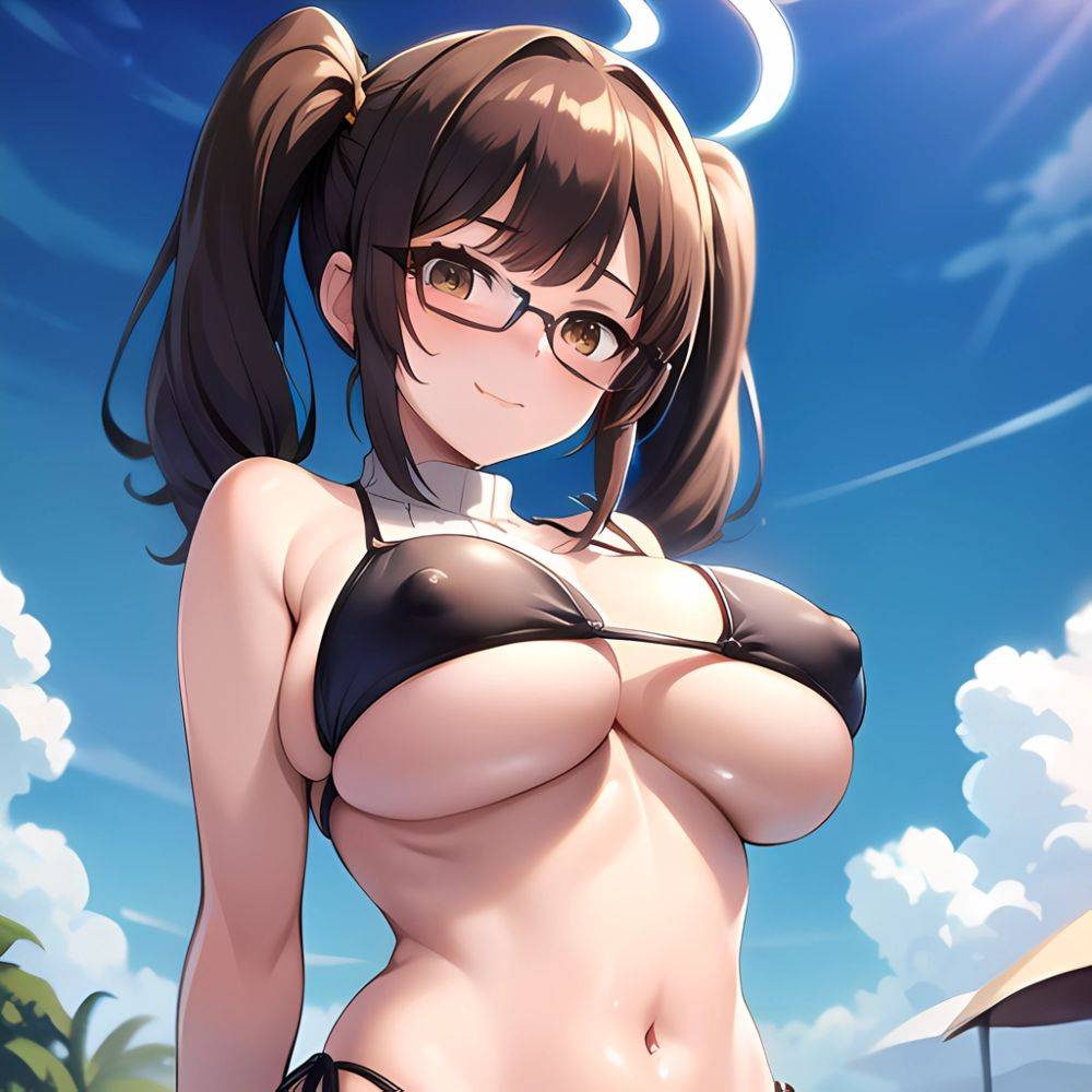 1girl Bikini Black Bikini Blue Archive Blue Sky Breasts Brown Eyes Brown Hair Closed Mouth Clothes Lift Cloud Covered Nipples, 269077747 - AIHentai - #main