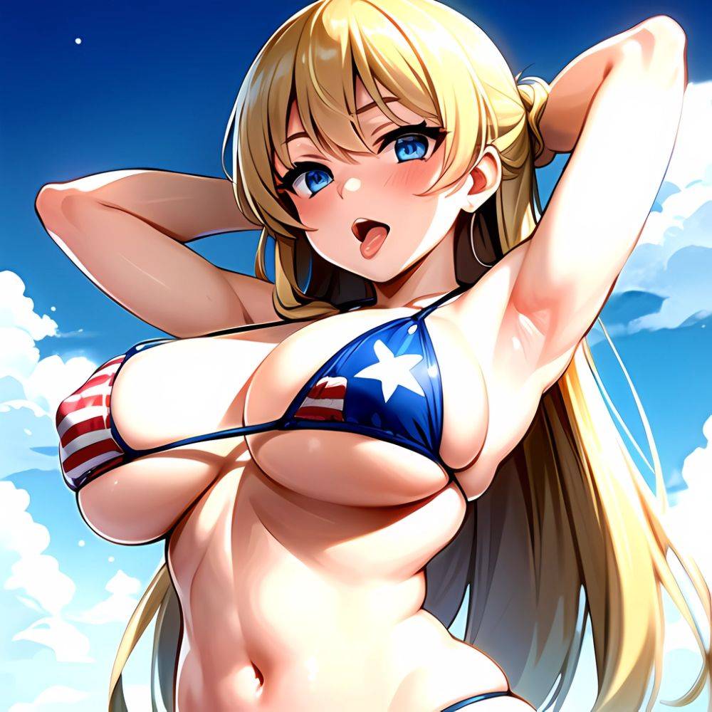 1girl American Flag Bikini Armpits Arms Behind Head Bikini Blonde Hair Blue Eyes Blush Breasts Covered Erect Nipples Flag Print, 3947927263 - AIHentai - #main