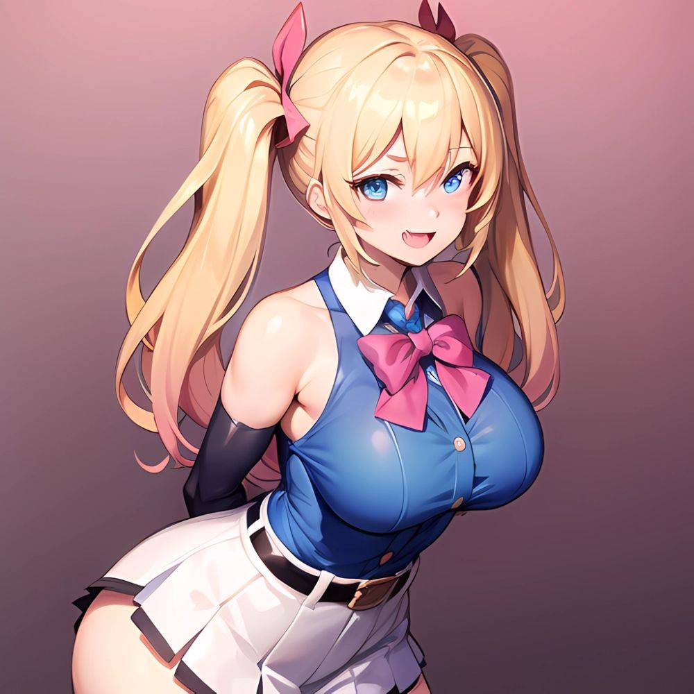 1girl Aymusk Belt White Skirt Blonde Hair Blue Eyes Blush Bow Bowtie Breasts Curvy Elbow Gloves Fang Gloves Gradient Background, 3385019108 - AIHentai - #main