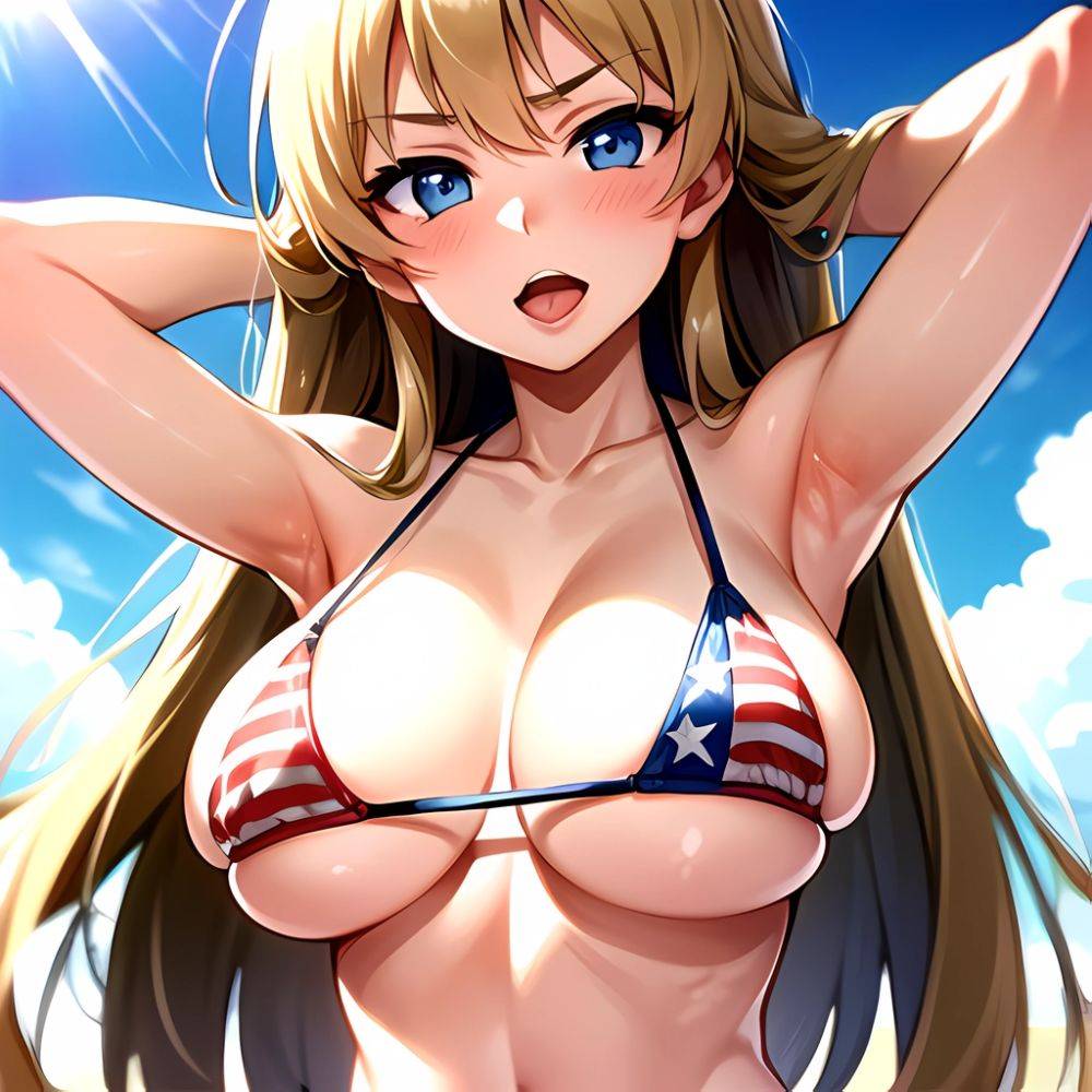 1girl American Flag Bikini Armpits Arms Behind Head Bikini Blonde Hair Blue Eyes Blush Breasts Covered Erect Nipples Flag Print, 3910351503 - AIHentai - #main