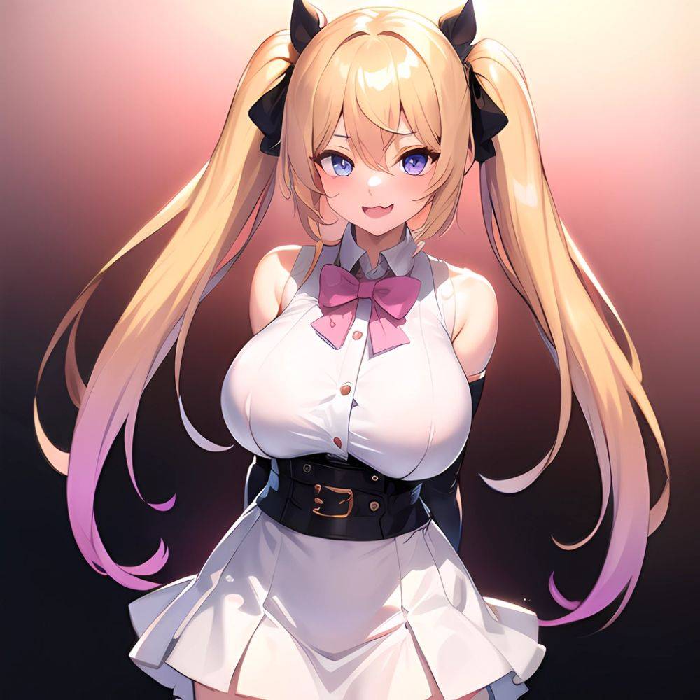 1girl Aymusk Belt White Skirt Blonde Hair Blue Eyes Blush Bow Bowtie Breasts Curvy Elbow Gloves Fang Gloves Gradient Background, 909737972 - AIHentai - #main