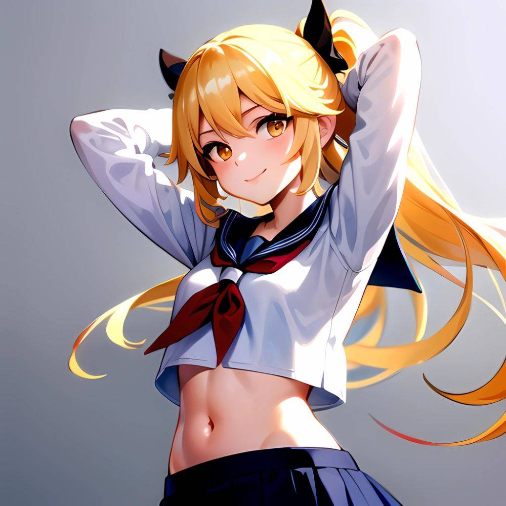 1girl Arms Up Arms Behind Head Blonde Hair Blue Skirt Bow Crop Top Crop Top Overhang Genshin Impact Gradient Background, 737170124 - AIHentai - #main