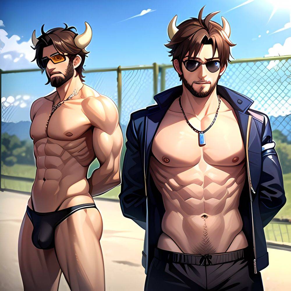 Abs Adjusting Eyewear Atlas Vos Bara Beach Bracelet Brown Eyes Brown Hair Bulge Collarbone Commission Cow Horns Dark Skinned Mal, 2515857400 - AIHentai - #main