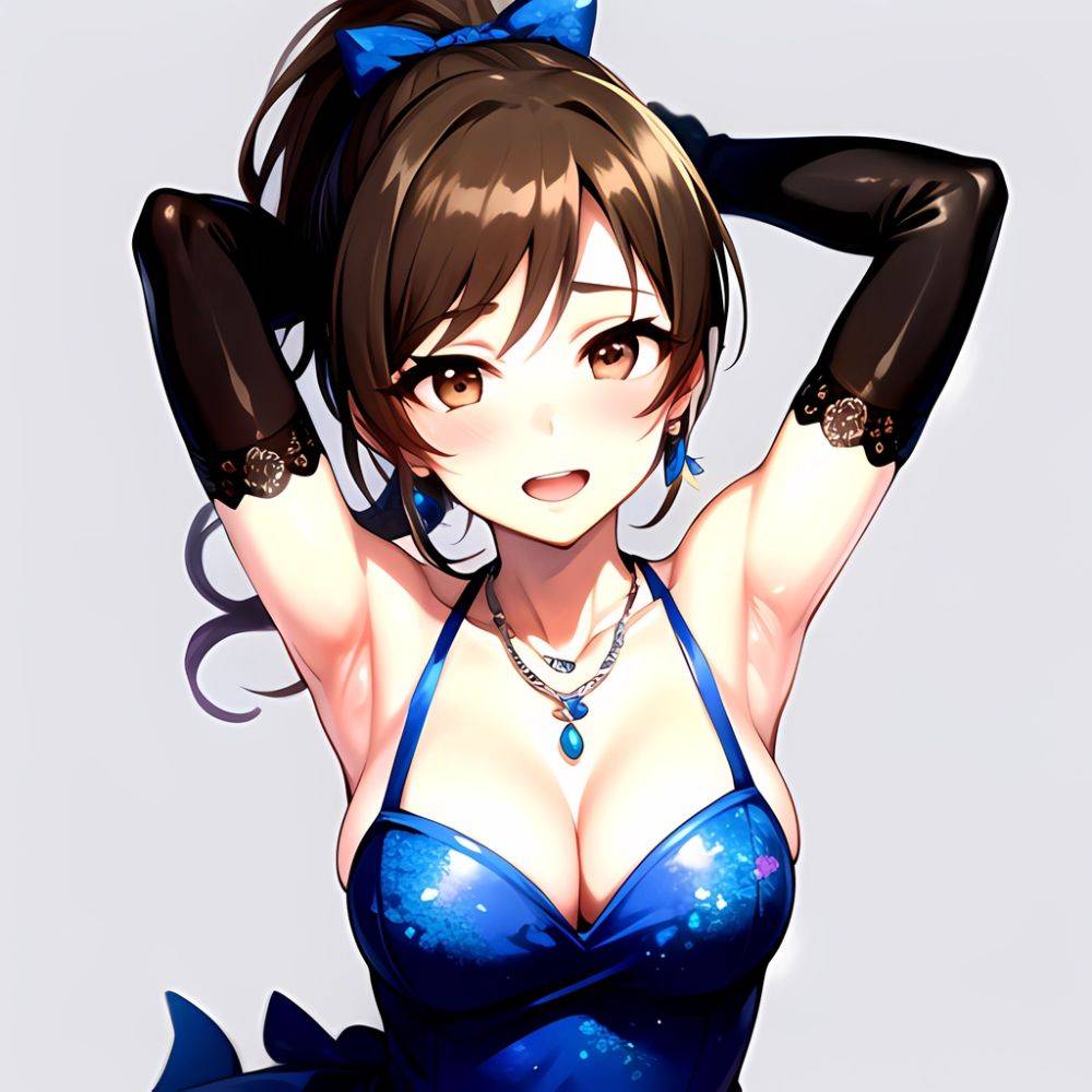 1girl Absurdres Armpits Arms Up Ayase Honoka Black Gloves Blue Bow Blue Dress Blush Bow Breasts Brown Eyes Brown Hair, 1221215675 - AIHentai - #main