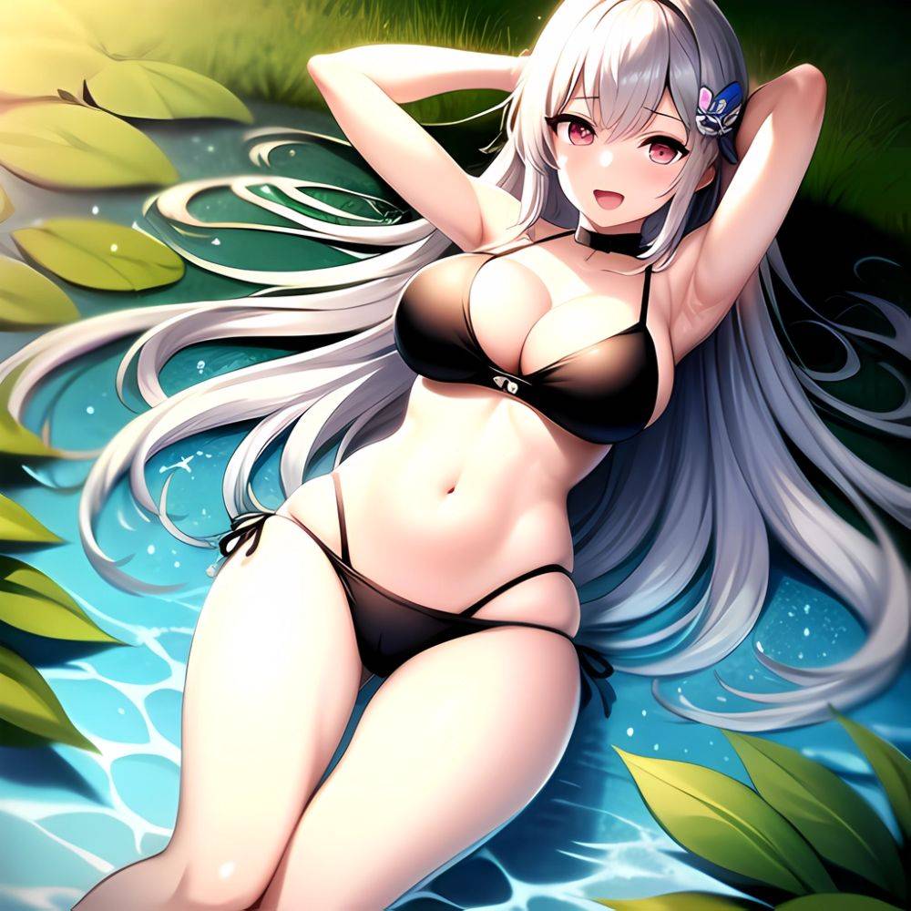 1girl D Bare Arms Bare Shoulders Bikini Black Bikini Breasts Bug Butterfly Butterfly Hair Ornament Choker Cleavage Feet Out Of, 3686834029 - AIHentai - #main