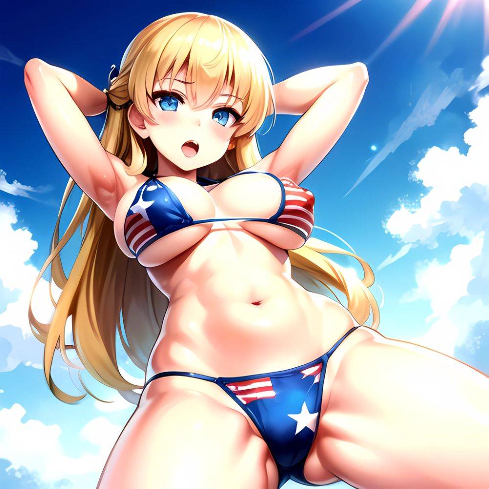 1girl American Flag Bikini Armpits Arms Behind Head Bikini Blonde Hair Blue Eyes Blush Breasts Covered Erect Nipples Flag Print, 191363446 - AIHentai - #main