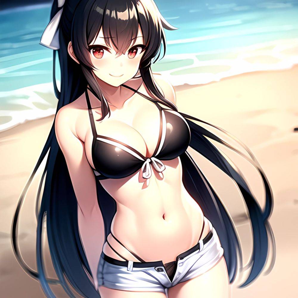 1girl Arms Behind Back Beach Bikini Bikini Under Shorts Black Bikini Black Hair Blurry Blurry Background Breasts Cleavage Closed, 2154615505 - AIHentai - #main