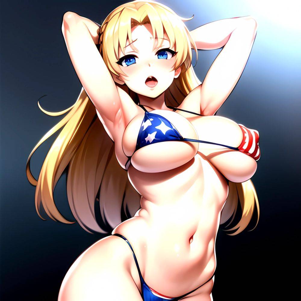 1girl American Flag Bikini Armpits Arms Behind Head Bikini Blonde Hair Blue Eyes Blush Breasts Covered Erect Nipples Flag Print, 684534665 - AIHentai - #main