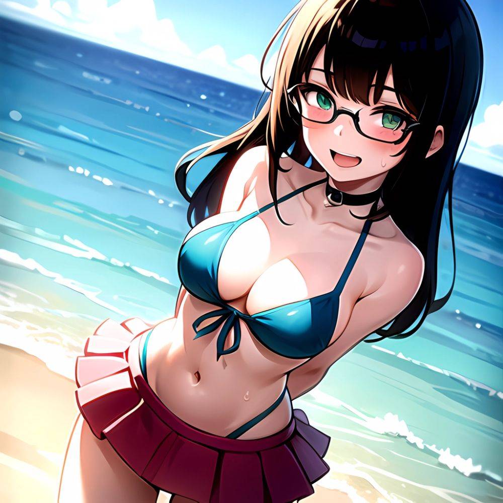 1girl D Bikini Bikini Bottom Aside Bikini Skirt Black Choker Blush Breasts Brown Hair Choker Cleavage Clothing Aside Front Tie, 3608783760 - AIHentai - #main