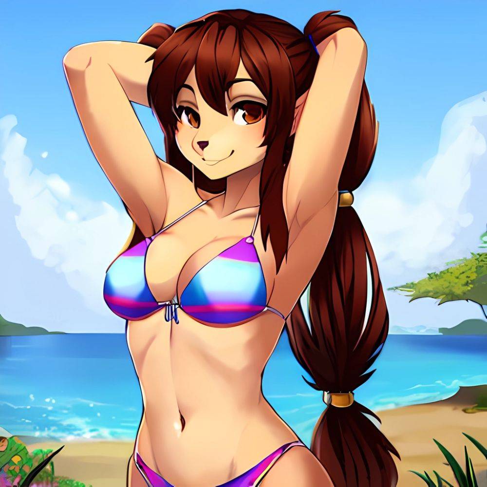 1girl Armpits Arms Behind Head Bikini Brown Eyes Brown Hair Cowboy Shot Dot Nose Flat Chest From Side Hair Ornament, 2931870330 - AIHentai - #main