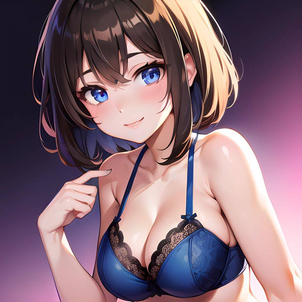 1girl Ai Generated Blue Eyes Blush Breasts Brown Hair Highres Large Breasts Light Smile Looking At Viewer Purple Background Shor, 1280124902 - AIHentai - #main