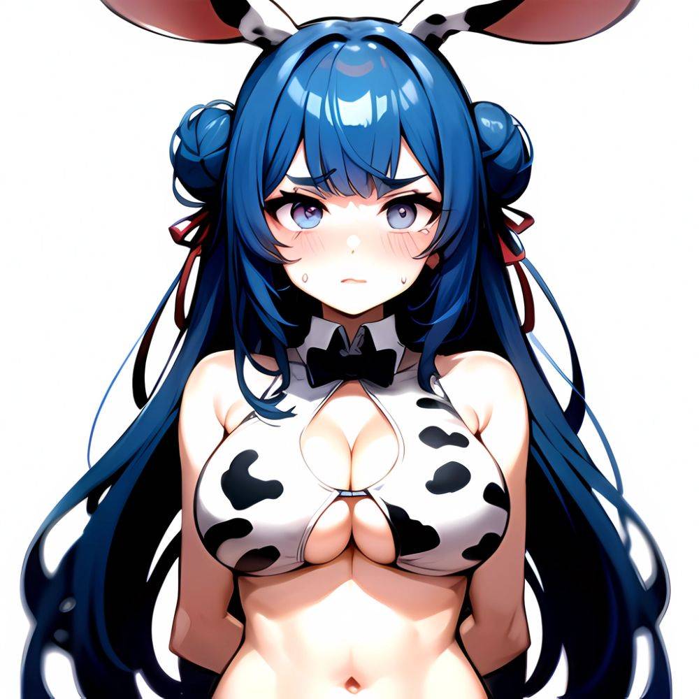 1girl Alternate Breast Size Animal Ear Fluff Animal Ears Animal Print Blue Hair Blush Breasts Cleavage Cutout Cow Print Double, 445807047 - AIHentai - #main