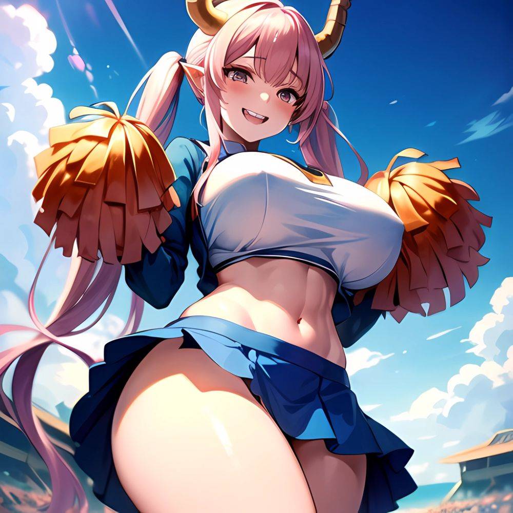 1girl Absurdres Blue Skirt Bluefrok Breasts Cheerleader Dragon Girl Dragon Horns Highres Holding Holding Pom Poms Horns Huge Bre, 3354901784 - AIHentai - #main