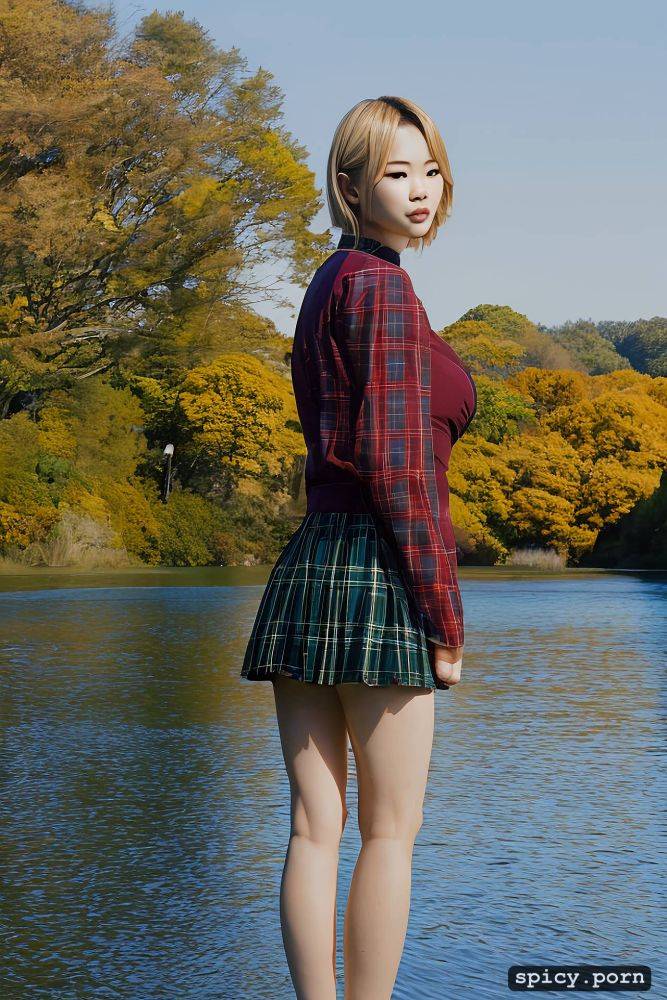 gorgeous face, hot body, japanese woman, full body, lake, tartan mini skirt - #main