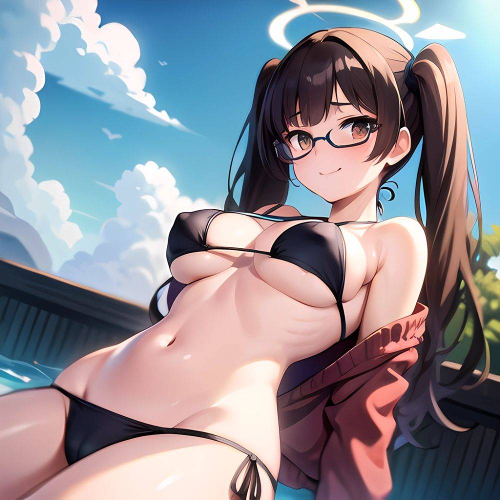 1girl Bikini Black Bikini Blue Archive Blue Sky Breasts Brown Eyes Brown Hair Closed Mouth Clothes Lift Cloud Covered Nipples, 1037745029 - AIHentai - #main