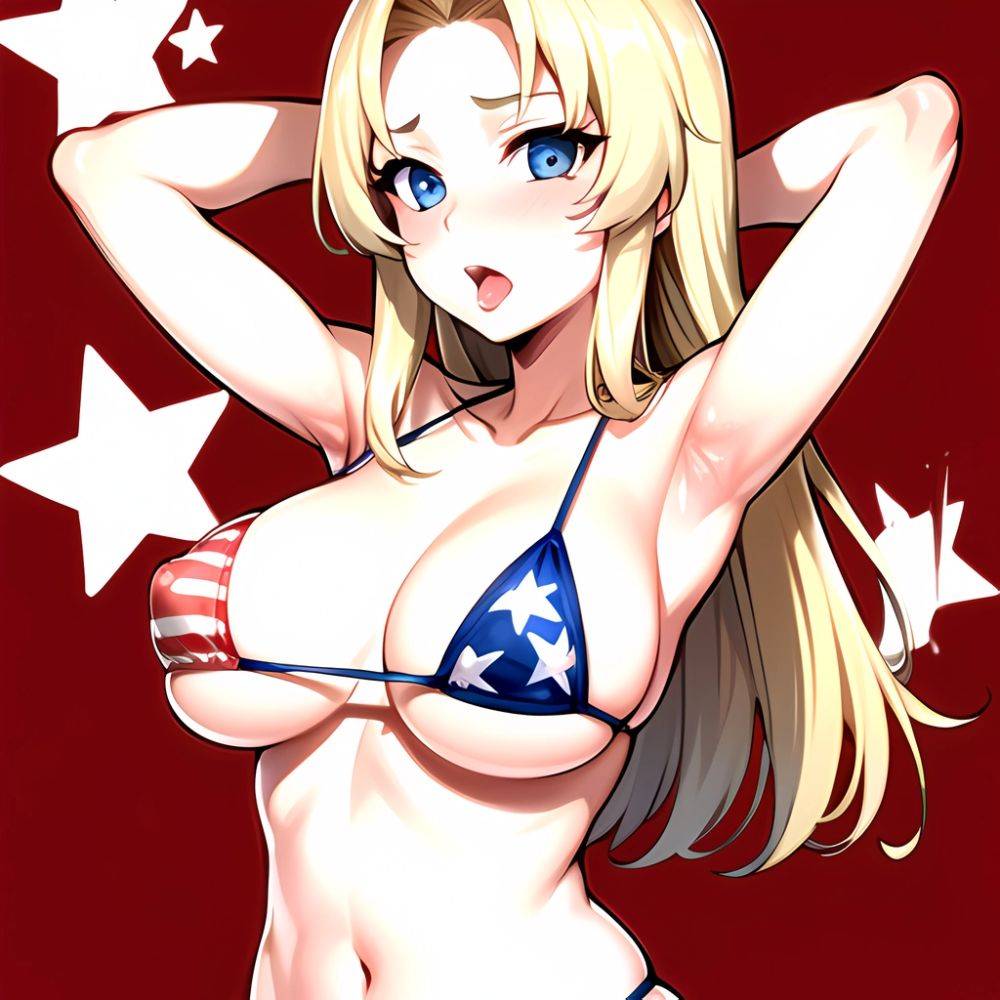 1girl American Flag Bikini Armpits Arms Behind Head Bikini Blonde Hair Blue Eyes Blush Breasts Covered Erect Nipples Flag Print, 1772479734 - AIHentai - #main