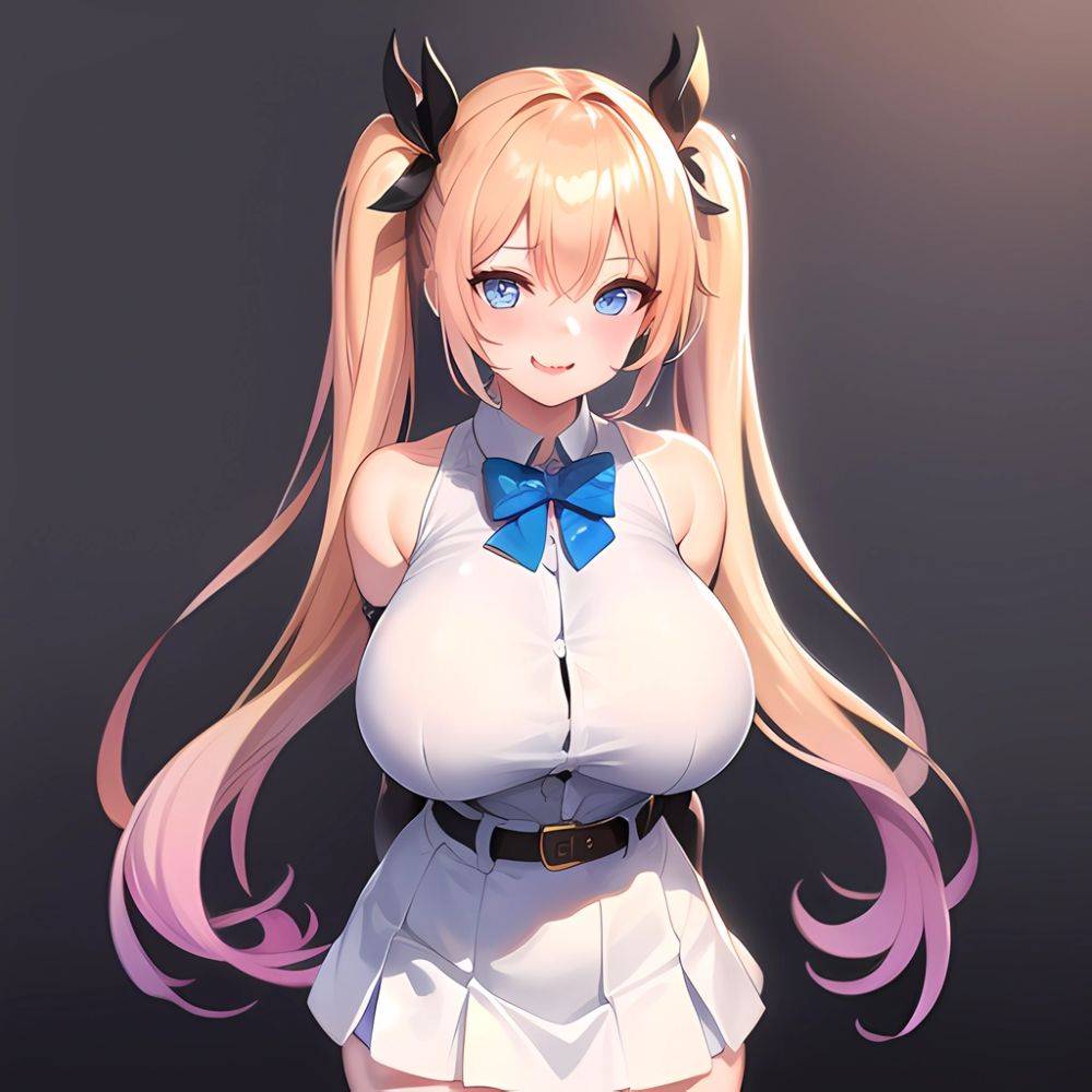 1girl Aymusk Belt White Skirt Blonde Hair Blue Eyes Blush Bow Bowtie Breasts Curvy Elbow Gloves Fang Gloves Gradient Background, 3689996339 - AIHentai - #main