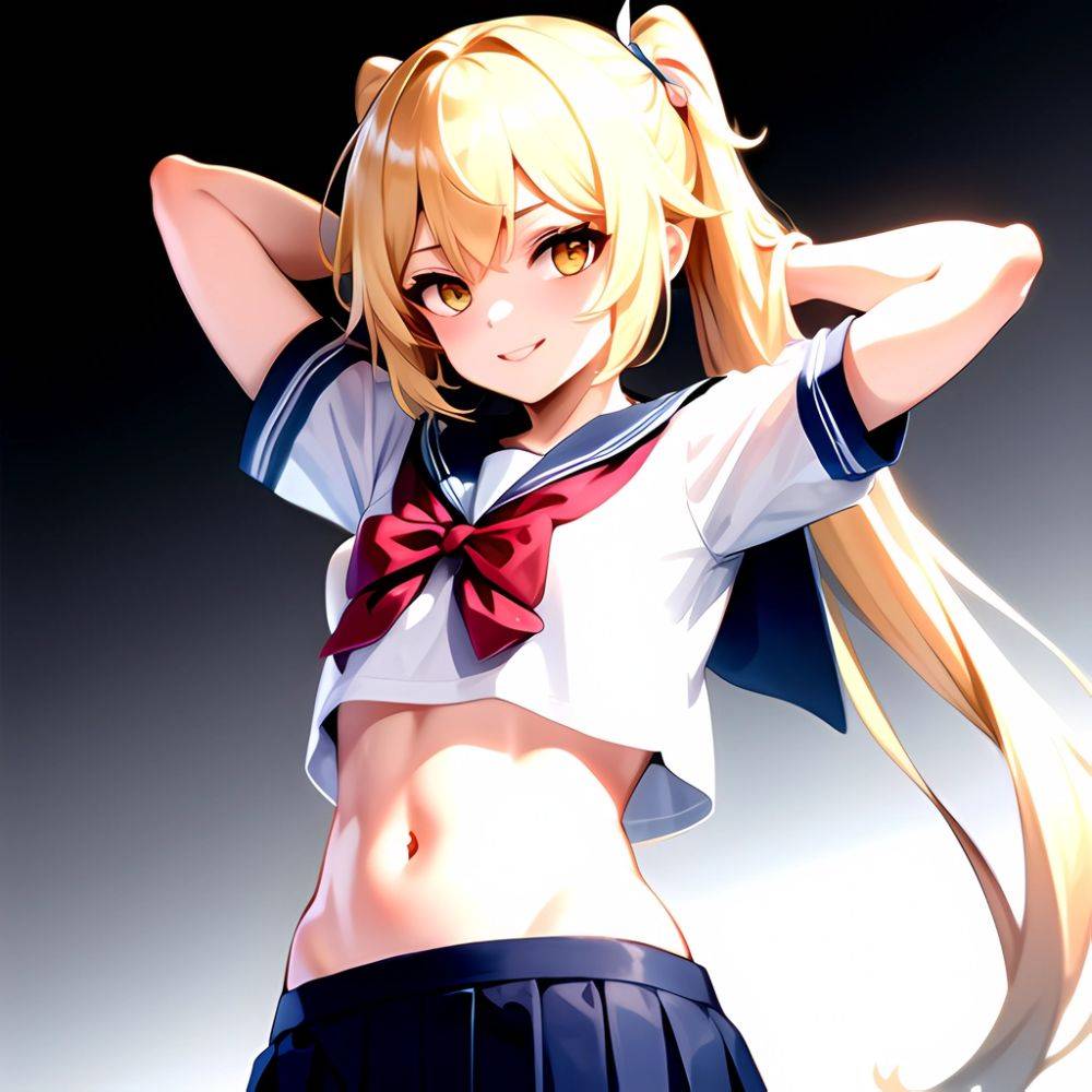 1girl Arms Up Arms Behind Head Blonde Hair Blue Skirt Bow Crop Top Crop Top Overhang Genshin Impact Gradient Background, 1026939710 - AIHentai - #main