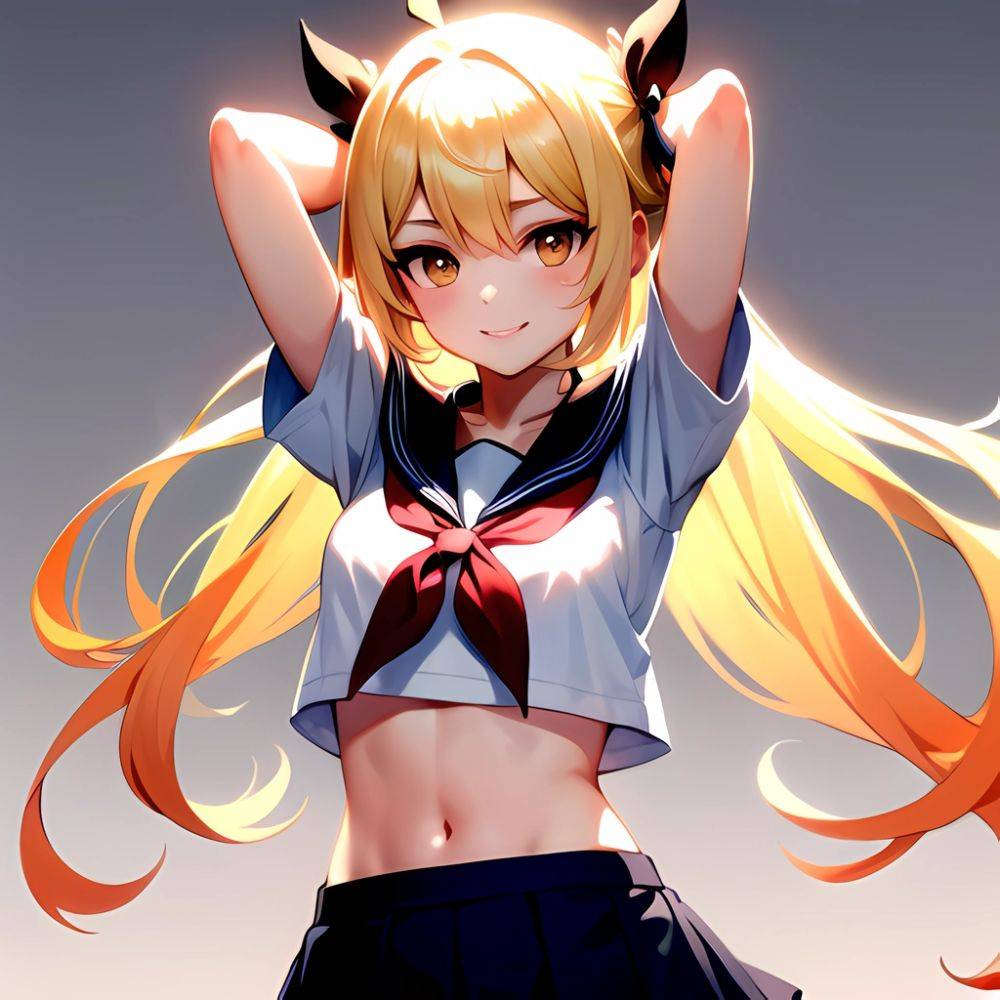 1girl Arms Up Arms Behind Head Blonde Hair Blue Skirt Bow Crop Top Crop Top Overhang Genshin Impact Gradient Background, 4123540741 - AIHentai - #main
