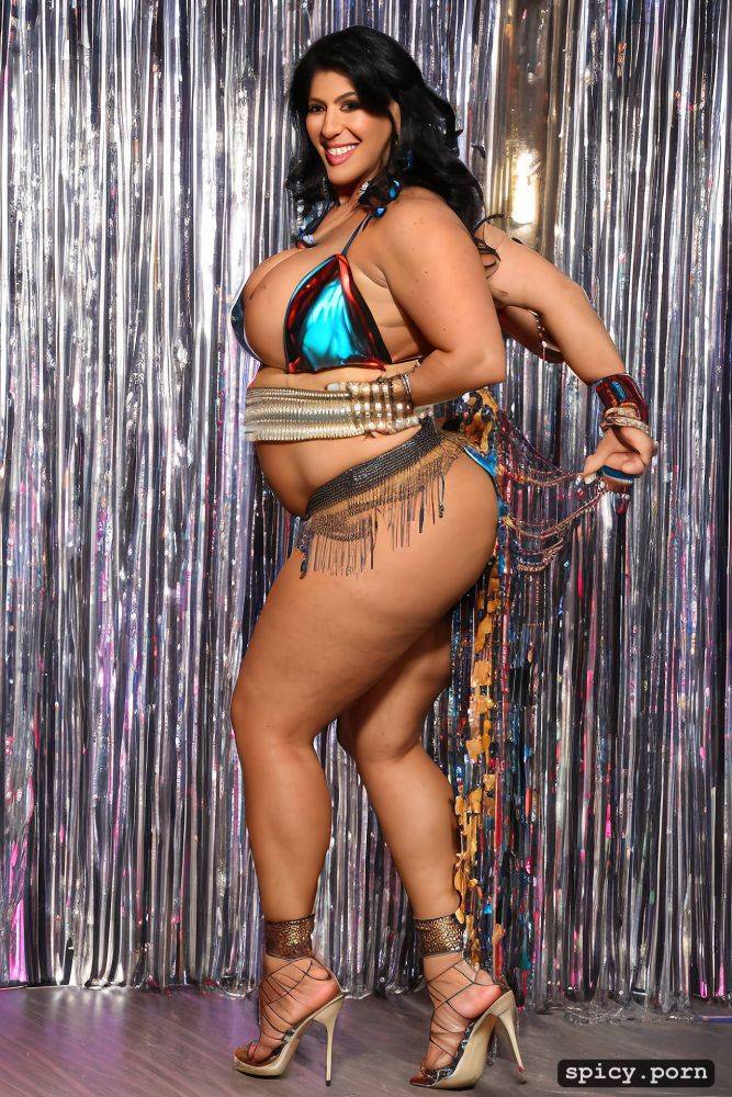 performing in high heels on stage, huge hanging boobs, 39 yo beautiful thick american bellydancer - #main