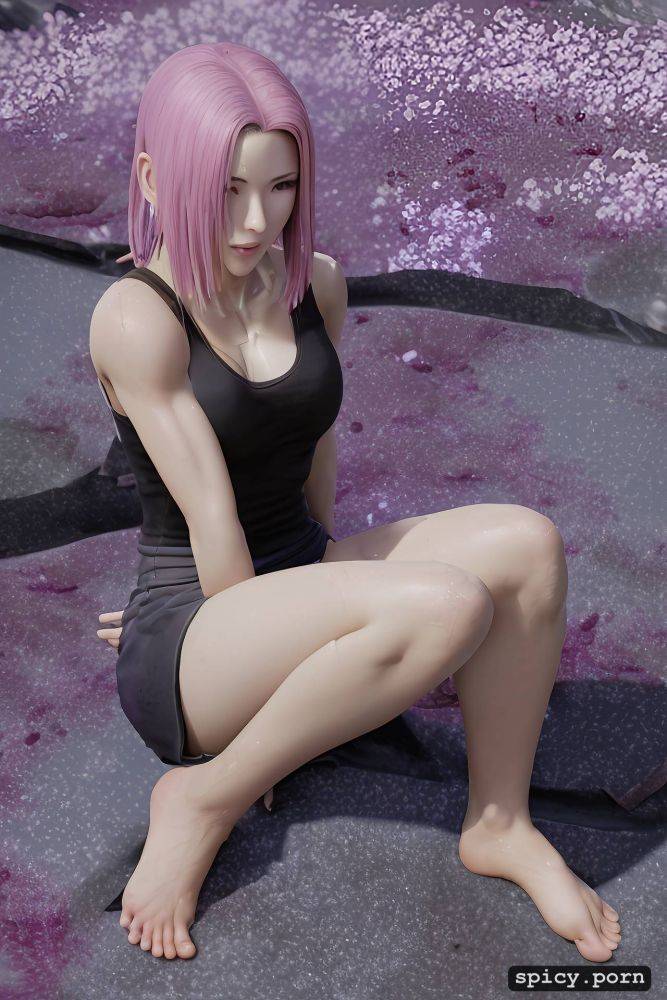 cumshot, fully clothed, blushing, pov teenage sakura haruno from original naruto anime sitting on floor in front of you with her legs spread and using only her feet to rub your big long penis - #main