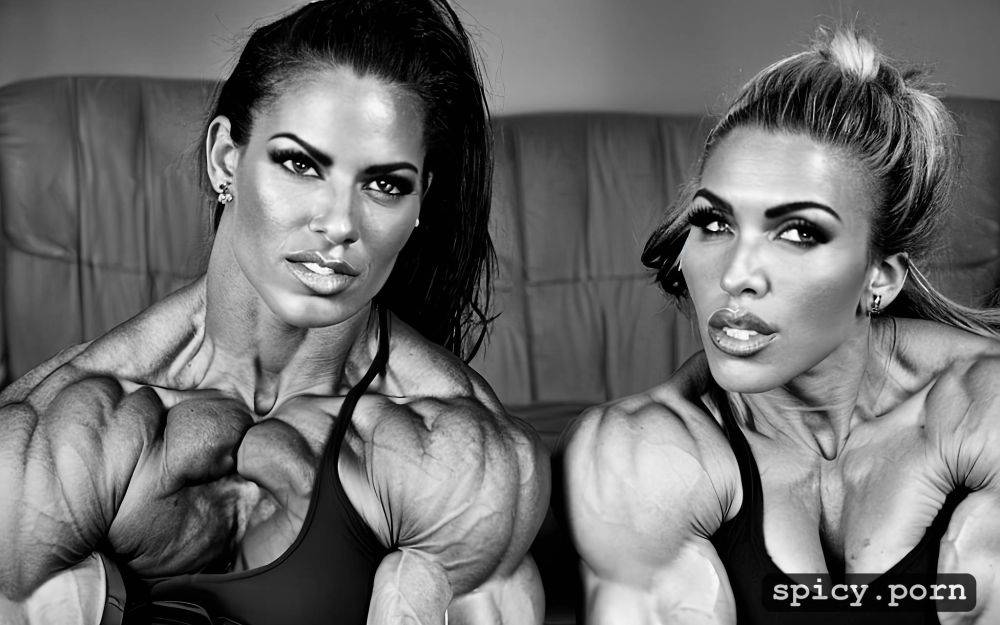 twins sisters, gigantic muscular supermegaheavyweight female bodybuilder cute face - #main