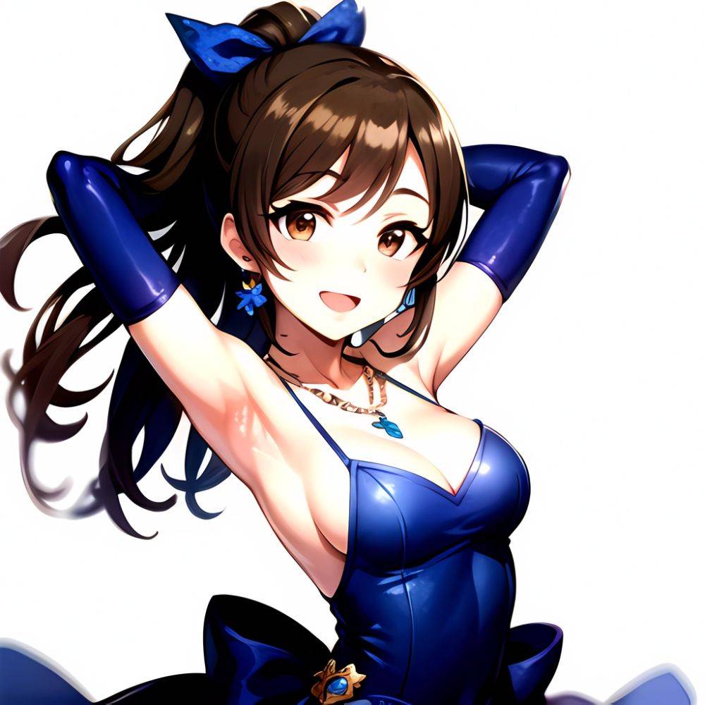 1girl Absurdres Armpits Arms Up Ayase Honoka Black Gloves Blue Bow Blue Dress Blush Bow Breasts Brown Eyes Brown Hair, 1103798644 - AIHentai - #main