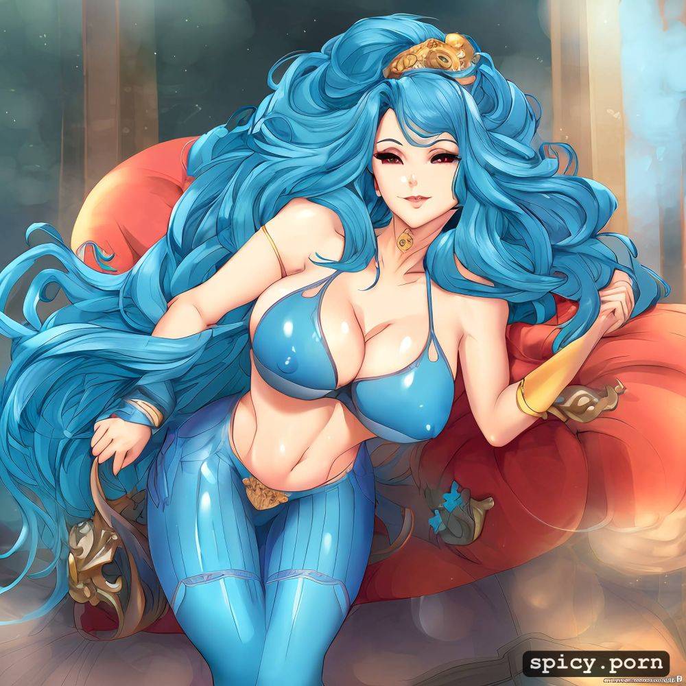 silicon boobs, highres, blue curly hair, oiled body, ultra detailed - #main