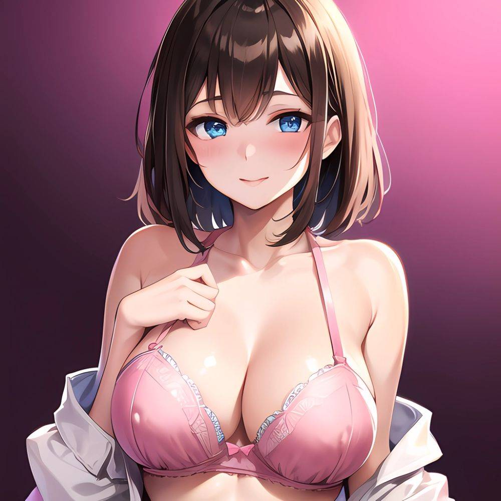 1girl Ai Generated Blue Eyes Blush Breasts Brown Hair Highres Large Breasts Light Smile Looking At Viewer Pink Background Short, 4099051382 - AIHentai - #main