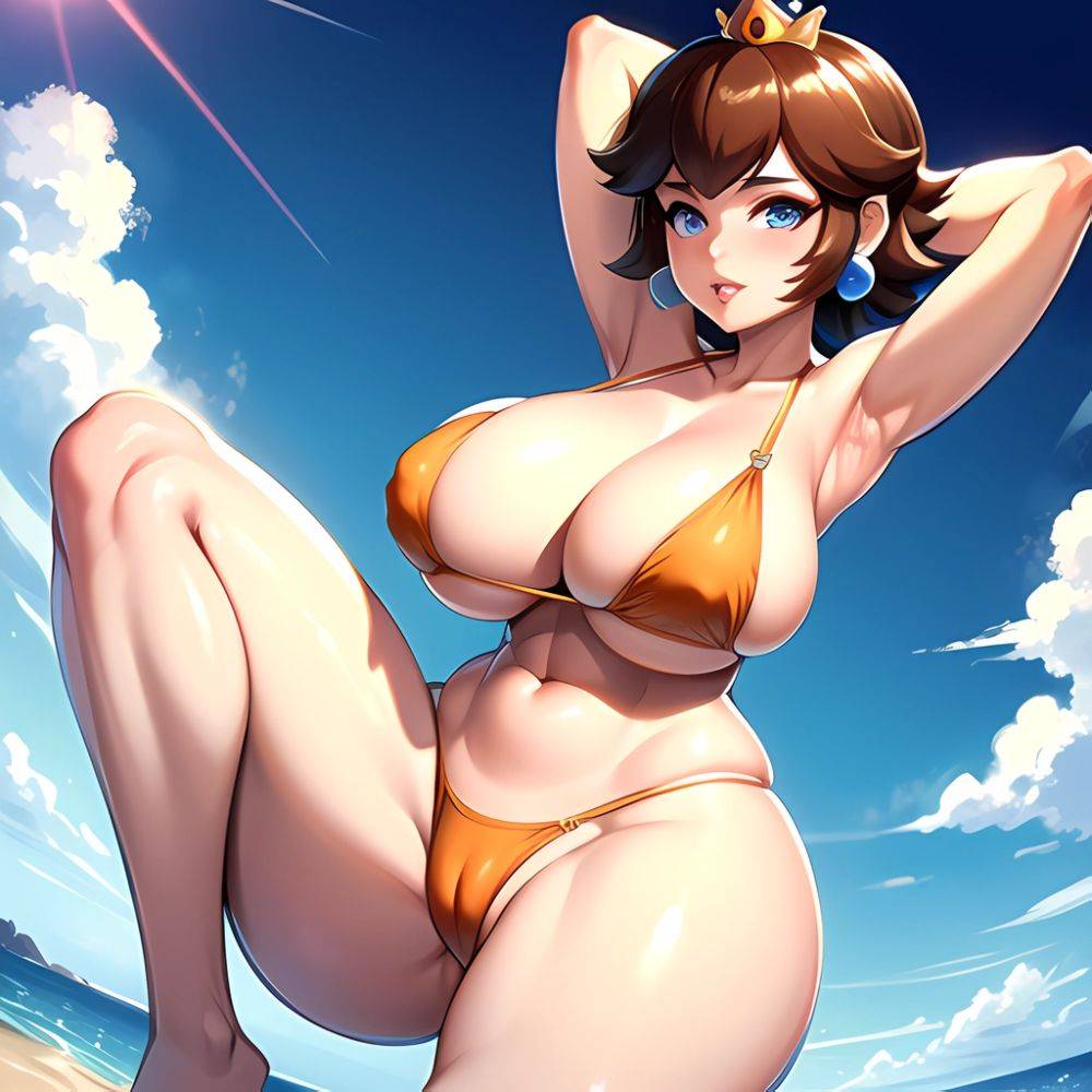 1girl Areola Slip Armpits Arms Behind Head Bikini Blue Eyes Blush Breasts Brown Hair Cleavage Huge Breasts Legs Mario Series, 1932741582 - AIHentai - #main