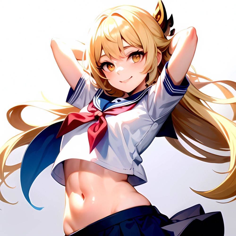 1girl Arms Up Arms Behind Head Blonde Hair Blue Skirt Bow Crop Top Crop Top Overhang Genshin Impact Gradient Background, 1364771083 - AIHentai - #main